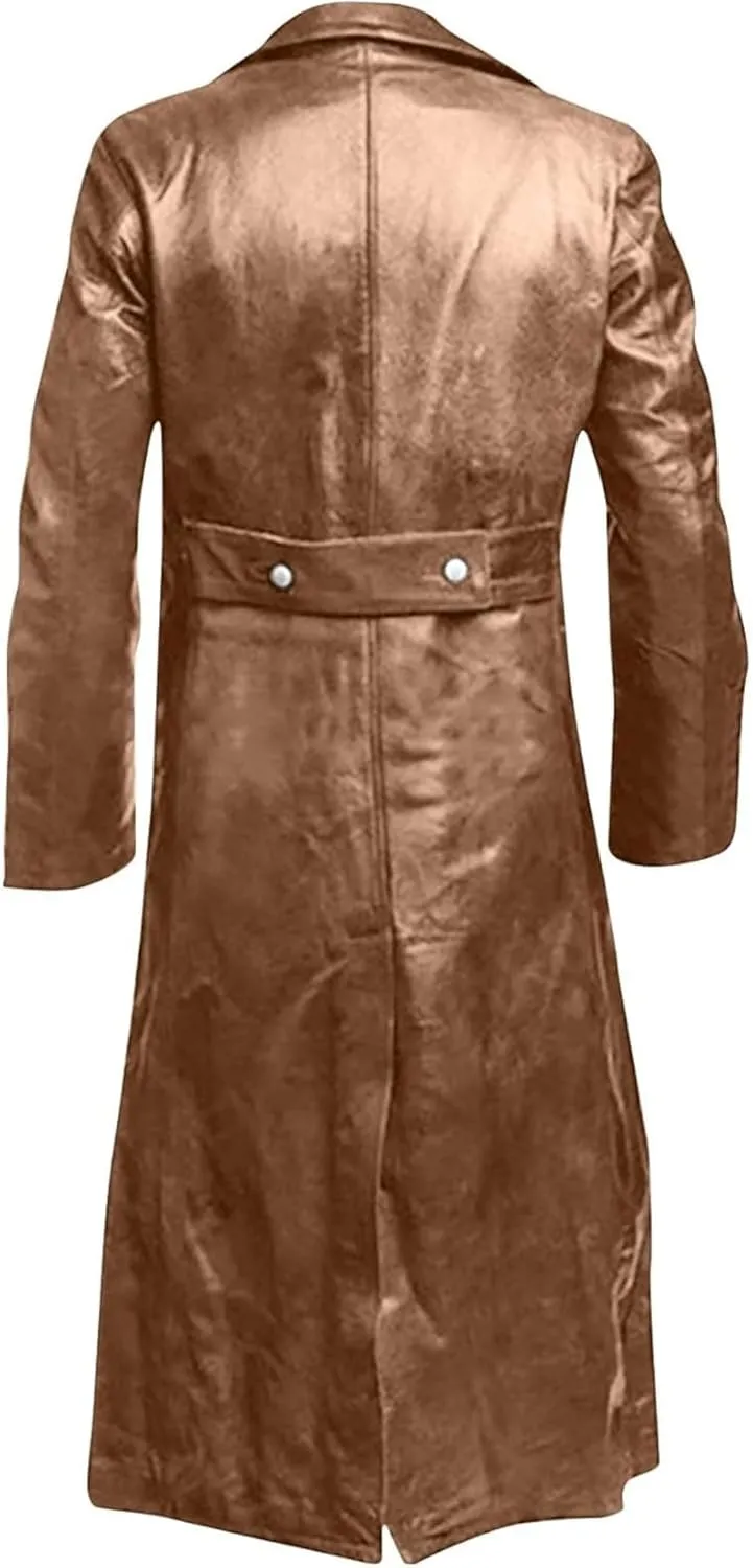 ZWRXW Leather Trench Coats for Men Double Breasted Notched Lapel Overcoats Vintage Slim Fit Long Sleeve Classic Jackets