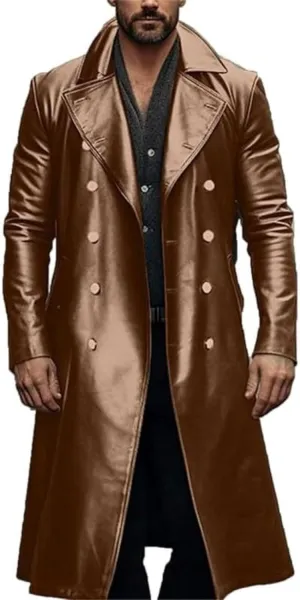 ZWRXW Leather Trench Coats for Men Double Breasted Notched Lapel Overcoats Vintage Slim Fit Long Sleeve Classic Jackets