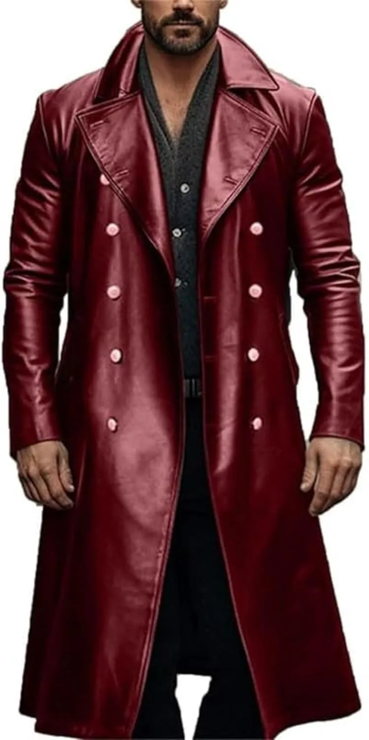 ZWRXW Leather Trench Coats for Men Double Breasted Notched Lapel Overcoats Vintage Slim Fit Long Sleeve Classic Jackets