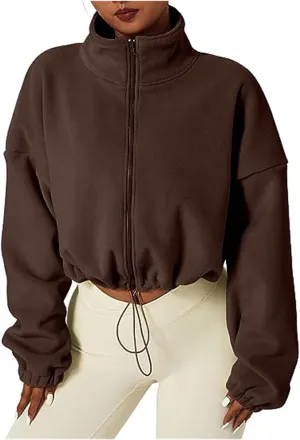 ZWRXW Womens Cropped Coat Full Zip Fleece Sweatshirts Drawstring Long Sleeve Sherpa Jacket Stand Collar Warm Fall Outfits
