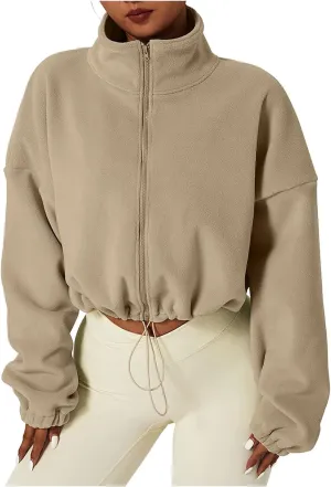 ZWRXW Womens Cropped Coat Full Zip Fleece Sweatshirts Drawstring Long Sleeve Sherpa Jacket Stand Collar Warm Fall Outfits