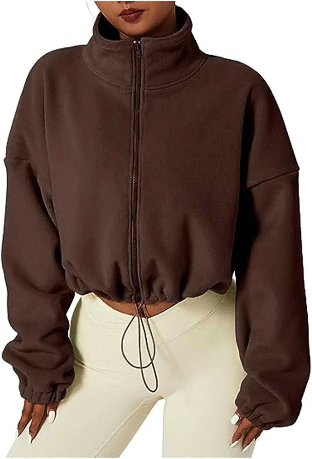 ZWRXW Womens Cropped Coat Full Zip Fleece Sweatshirts Drawstring Long Sleeve Sherpa Jacket Stand Collar Warm Fall Outfits