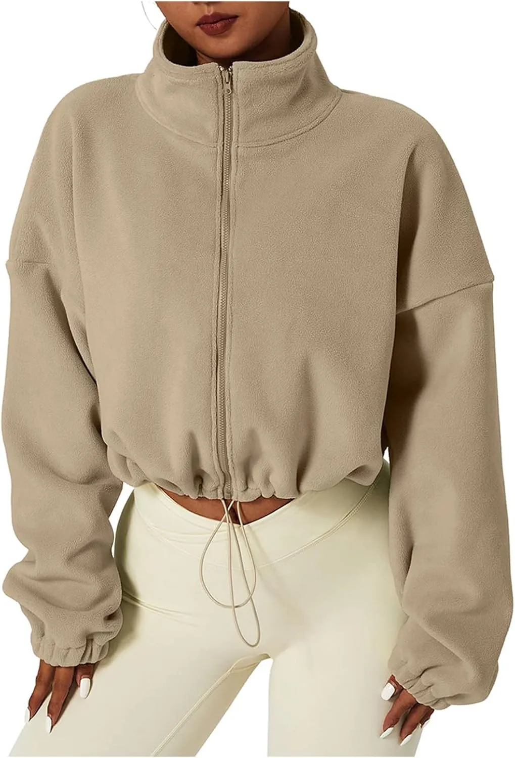 ZWRXW Womens Cropped Coat Full Zip Fleece Sweatshirts Drawstring Long Sleeve Sherpa Jacket Stand Collar Warm Fall Outfits