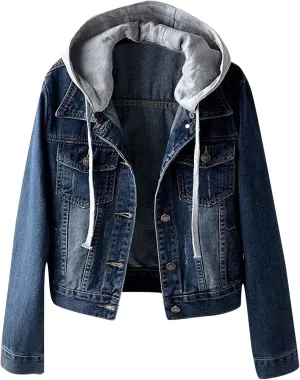 ZYXTIM Hoodies Jeans Jacket for Women,Classic Casual Detachable Hooded Distressed Denim Trucker Jacket